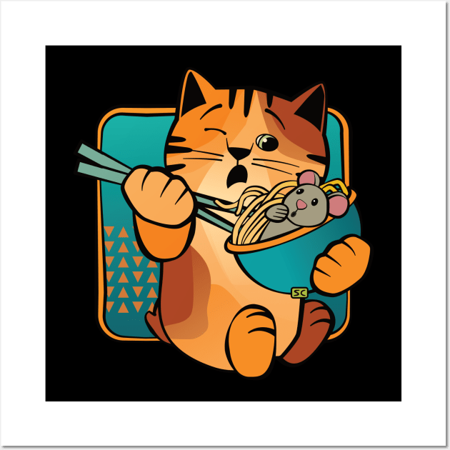 Cat Eating Noodles with Mouse Wall Art by Sue Cervenka